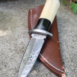 Poignard Couteau Dague Vertue Lame Acier Damas 256 Couches Manche Bois&Os Etui Cuir Fab Artisanale
