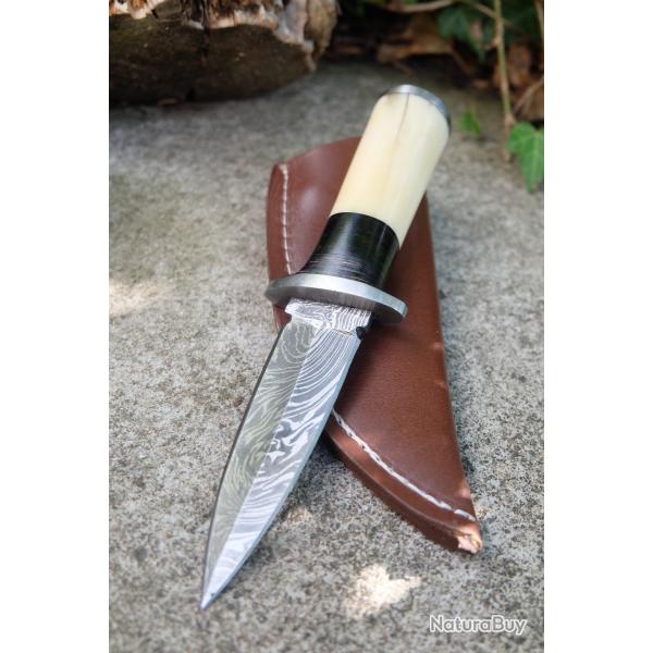 Poignard Couteau Dague Vertue Lame Acier Damas 256 Couches Manche Bois&Os Etui Cuir Fab Artisanale