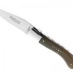 Couteau Laguiole GILLES® SPORT lame brillante à cran acier 14C28N manche pointe corne blonde +étui