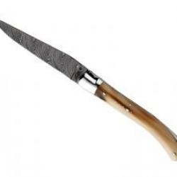 Couteau Laguiole GILLES® POCKET lame damas inox 160 couches à cran manche pointe corne +pochette