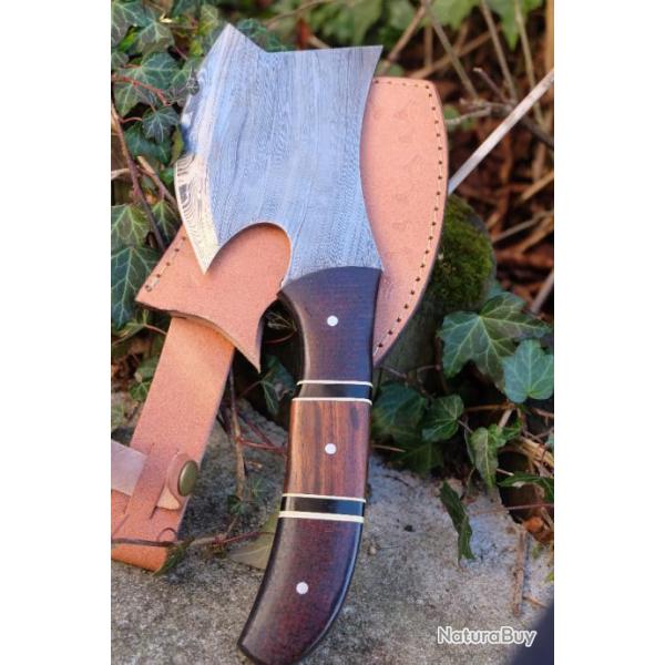 Hachette Damas Lame 256 Couches Manche Bois/Micarta Etui Cuir Fabrication Artisanale 001