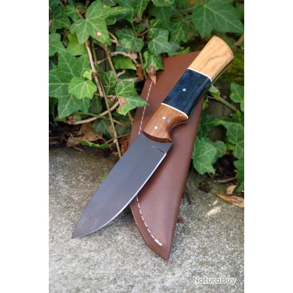 Couteau Skinner Lame Drop Point Acier Carbone 1055 Black Manche Bois/Rsine Etui Cuir Fab ArtisanatA