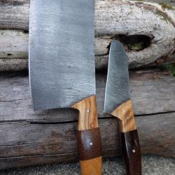 Lot de 2 Couteau : Couperet Style Japonais Kiritsuke Damas Lame 256 Couches Manche Bois Artisanale A