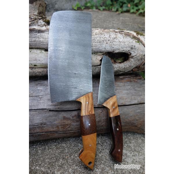 Lot de 2 Couteau : Couperet Style Japonais Kiritsuke Damas Lame 256 Couches Manche Bois Artisanale A