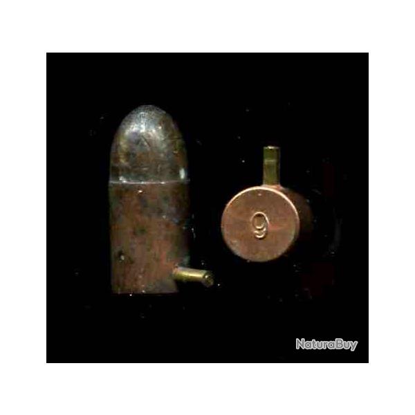 9 mm  broche - balle plomb - marquage : 9 en relief au cenbtre du culot