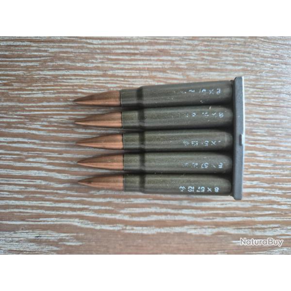 5 Cartouches mauser douille verte 8 x 57 neutralise seconde guerre IS ou JS avec symbole aigle