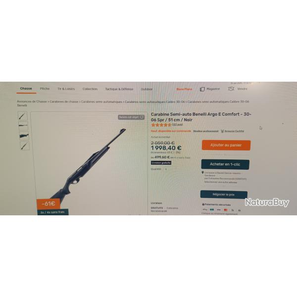 BENELLI ARGOT E CONFORT BLACK Calibre 30.06 SPRG Canon 51 cm tat neuve.