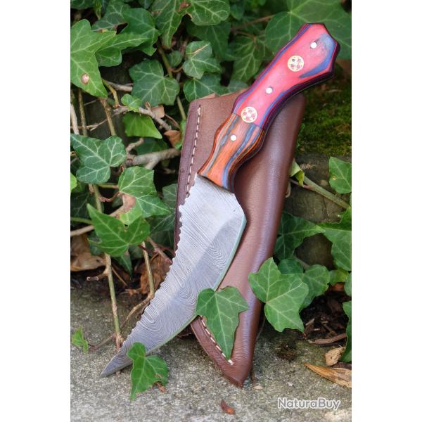 Couteau Skinner Damas Lame Upswept Acier 256 Couches Manche Arlequin Etui Cuir Fabric Artisanale