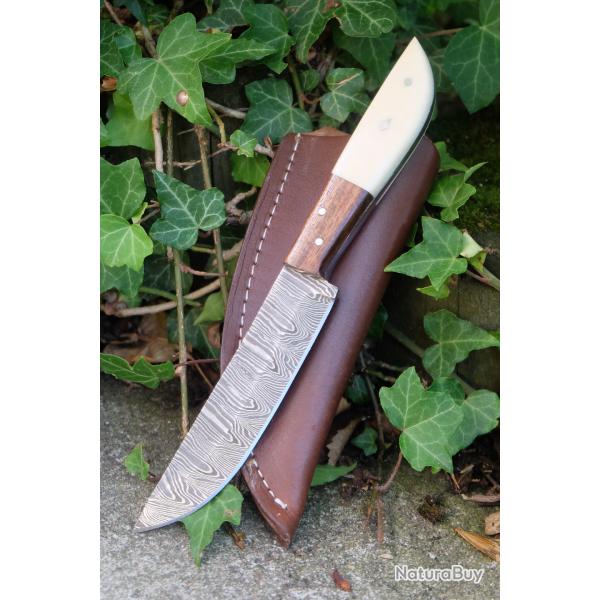 Couteau Bowie Damas Lame Trailing Point Acier 256 Couches Manche Os & Bois Etui Cuir Fab Artisanat A