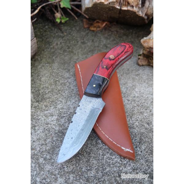 Couteau Skinner Damas Lame Acier 256 Couches Manche Bois/Rsine Etui Cuir Fabricat Artisanale