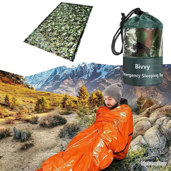 Sac de Couchage de Survie Mylar Impermable, Couverture Thermique d'Urgence Camping Randonne Camo