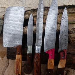 LOT DE 5 Couteau De Cuisine Couteau de Chef Lame Acier Damas 256 Couches Fabrication Artisanale 001