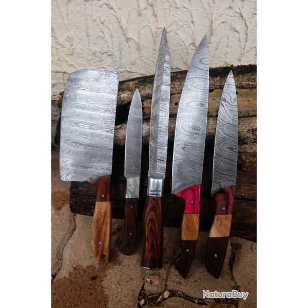 LOT DE 5 Couteau De Cuisine Couteau de Chef Lame Acier Damas 256 Couches Fabrication Artisanale 001