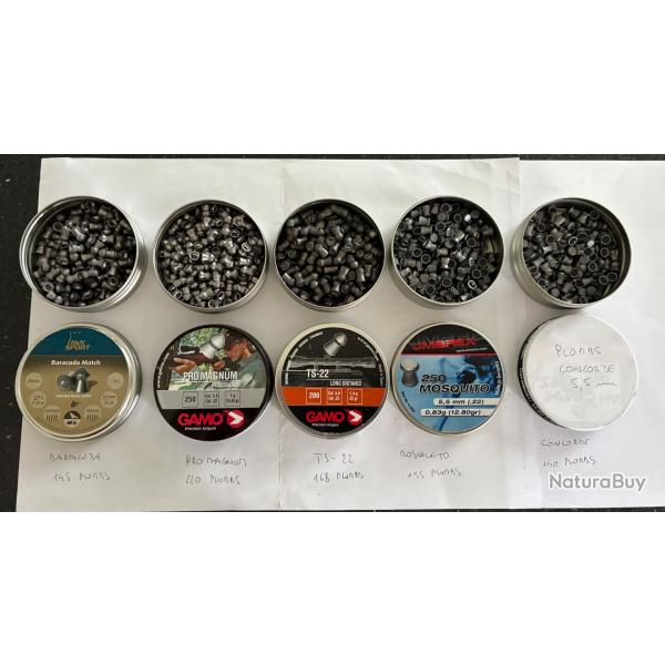 Lot de 850 plombs calibre 5,5 grammages varis, idal pour test, plinking