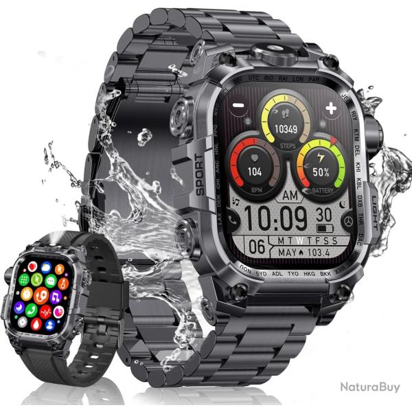 Montre Connecte Homme 2.01'' HD Smartwatch Militaire avec Appels Bluetooth Torche LED 650mAh 150+ M