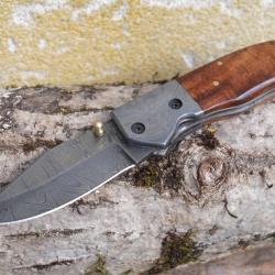 Beau Couteau Damas Lame Clip Point 128 Couches Manche Bois Mitres Damas Fab Artisanale Linerlock