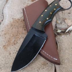 Couteau Skinner Karambit Lame Acier Carbone 1055 Black Manche Bois Etui Simili Cuir Fabr Artisanale