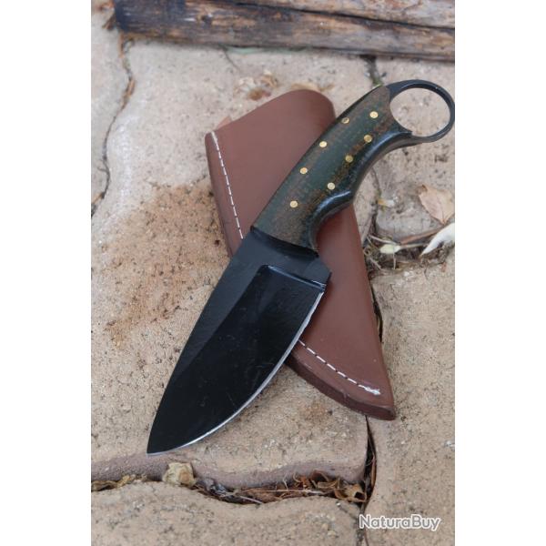 Couteau Skinner Karambit Lame Acier Carbone 1055 Black Manche Bois Etui Simili Cuir Fabr Artisanale