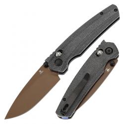 Couteau Tenable Raven Cross Bar Lock Lame Drop Point Acier 14C28N Or Manche Micarta Noir T2109V6