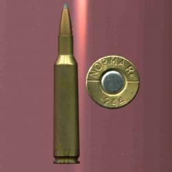 .244 Remington - NORMA - balle cuivre pointe plomb - étui laion de 56.5 mm de long