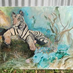 Spectaculaire grand Tableau huile / toile representant un majestueux Tigre du Bengale