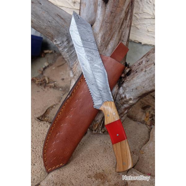 Mini Katana Couteau Tanto Americain Damas Lame 256 Couches Manche Bois/Tsine F Artisanale Etui Cuir