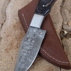 Couteau Skinner Damas Lame Drop Point Acier 256 Couches Manche Bois/Acier Etui Cuir Fabr Artisanale