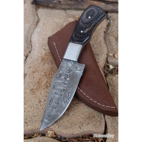 Couteau Skinner Damas Lame Drop Point Acier 256 Couches Manche Bois/Acier Etui Cuir Fabr Artisanale