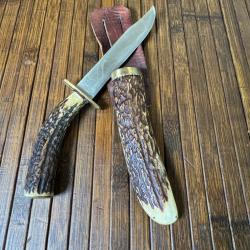 BEAU COUTEAU ARTISANAL ALLEMAND ANNÉE 40 MANCHE ET FOURREAU EN BOIS DE CERF