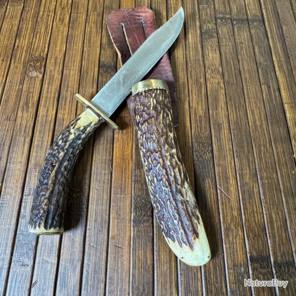 BEAU COUTEAU ARTISANAL ALLEMAND ANNE 40 MANCHE ET FOURREAU EN BOIS DE CERF