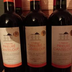 superbe lot de 3 bouteilles de vin Côtes de Bordeaux Château Prieuré de Canteloup  (prop/récol) 2011