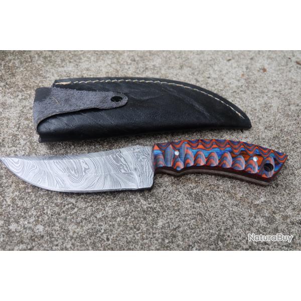 Skinner Couteau de Chasse Damas Lame 256 Couches Manche Bois Blue/Red 3D Fabr Artisanale Etui Cuir1