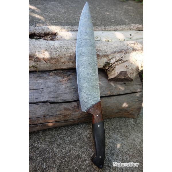 Couteau De Cuisine de Chef Lame Acier Damas 256 Couches Manche Bois/Micarta Fabric Artisanale