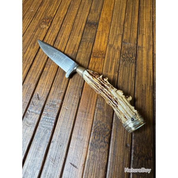 MINI NICKER COUTEAU DE BOTTE  TRADITIONNEL ALLEMAND SIGN G.MERZ ROSTEFREI BOIS DE CERF ANNE 45/55