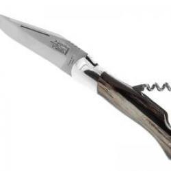 Couteau Laguiole chasse GRANDE NATURE 2 pièces lame acier 12C27+tire-bouchon manche corne nooire
