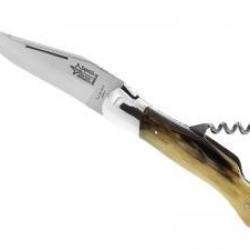 Couteau Laguiole chasse GRANDE NATURE 2 pièces lame acier 12C27+tire-bouchon manche corne blonde