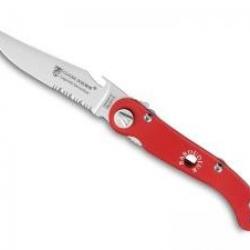 Couteau Laguiole BAROUDEUR lame semi-dentée acier X50CrMoV15 à cran intérieur avec décapsuleur rouge