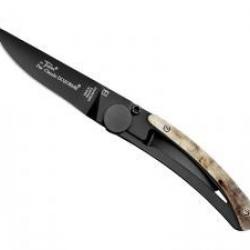 Couteau Le Thiers Claude DOZORME lame noir acierX50CrMoV15 cran intérieur manche inox/corne bélier