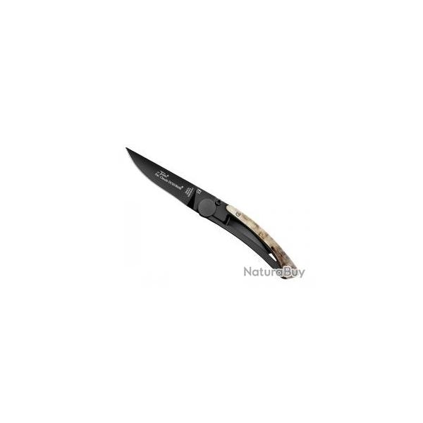 Couteau Le Thiers Claude DOZORME lame noir acierX50CrMoV15 cran intrieur manche inox/corne blier