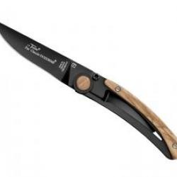 Couteau Le Thiers Claude DOZORME lame noir acierX50CrMoV15 cran intérieur manche inox/olivier