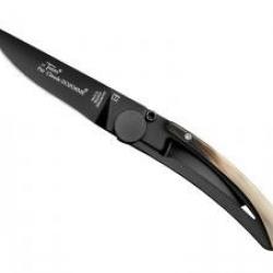 Couteau Le Thiers Claude DOZORME lame noir acierX50CrMoV15 cran intérieur manche inox/corne claire