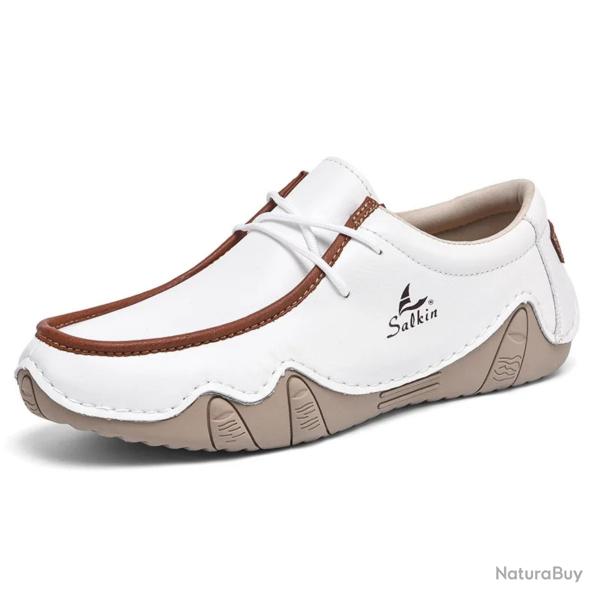 Chaussures homme cuir automne | Mocassins dcontracts respirants | Baskets marche rando ville Blanc