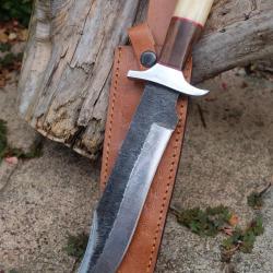 Poignard Bowie Couteau Chasseur Ours Lame Acier Carbone 1075 Manche Bois/Os Etui Cuir Fab Artisanat