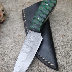 Skinner Couteau de Chasse Damas Lame 256 Couches Manche Bois Black/Green 3D Fabr Artisanat Etui Cuir