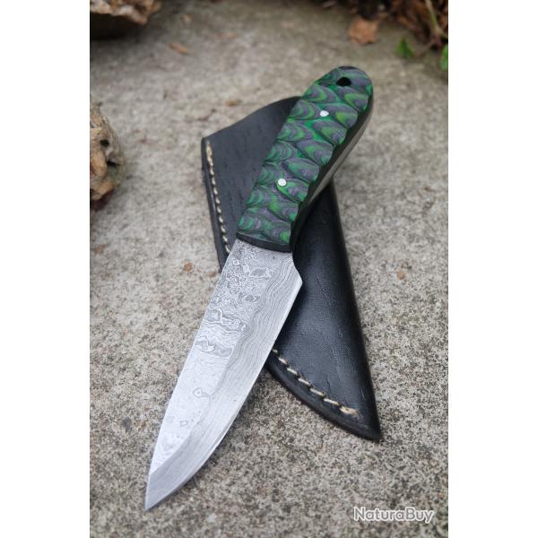 Skinner Couteau de Chasse Damas Lame 256 Couches Manche Bois Black/Green 3D Fabr Artisanat Etui Cuir