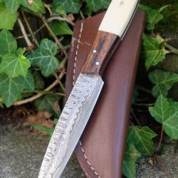 Couteau Skinner Damas Lame Stylet Acier 256 Couches Manche Os/Bois Etui Simili Cuir Fabr Artisanale