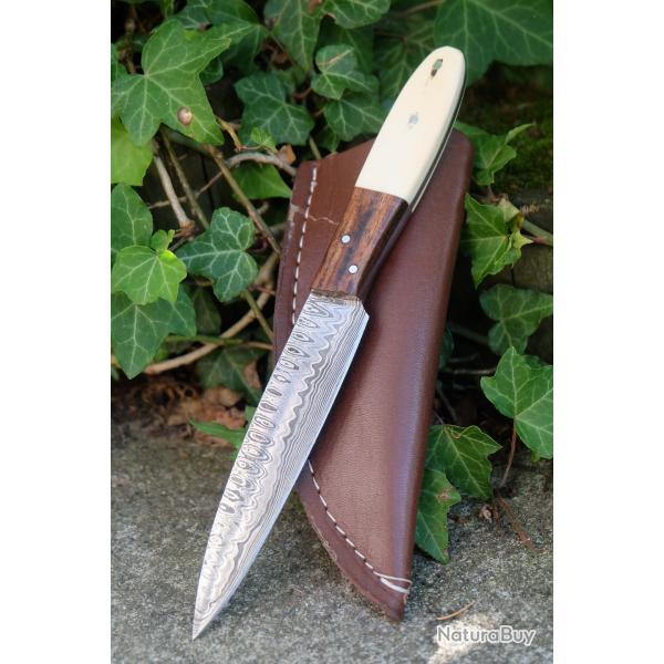 Couteau Skinner Damas Lame Stylet Acier 256 Couches Manche Os/Bois Etui Simili Cuir Fabr Artisanale