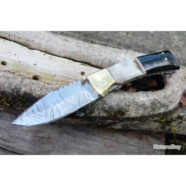 Beau Couteau Damas Lame Drop Point 128 Couches Manche Blier & Rsine Fabric Artisanale Linerlock02