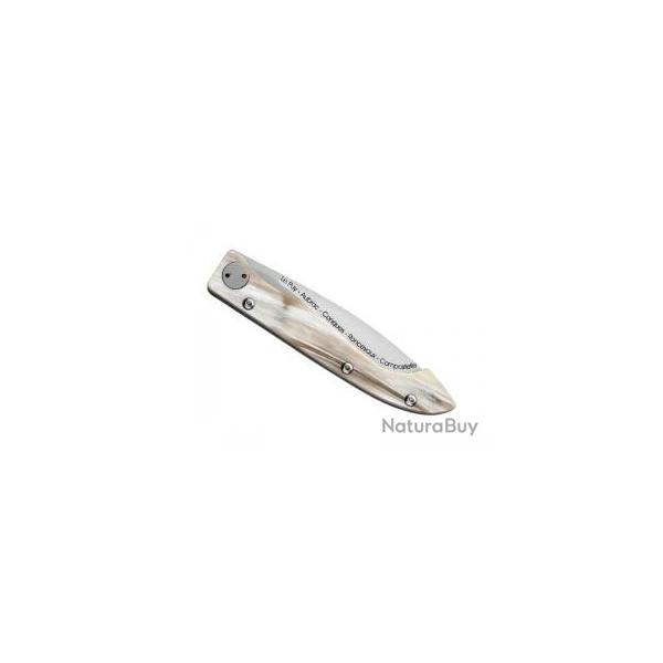 Couteau COMPOSTELLE Claude DOZORME lame acier X50CrMoV15 grave voie du Puy manche corne claire