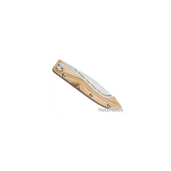 Couteau COMPOSTELLE Claude DOZORME lame acier X50CrMoV15 grave voie d'Arles manche olivier